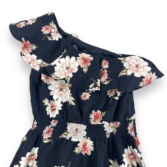 JOA Casual Dress Womens Size Small Black Floral One Shoulder Asymmetrical Midi - Picture 5 of 12